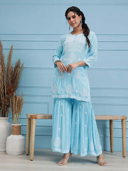 ADA - Hand Embroidered Lucknowi Chikankari Blue Modal Kurta and Gharara (Set of 2)