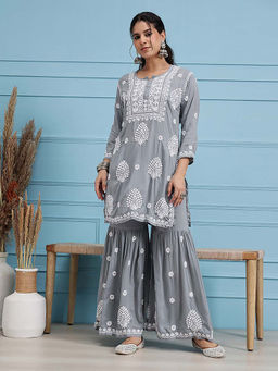 ADA - Hand Embroidered Lucknowi Chikankari Grey Modal Kurta and Gharara (Set of 2)