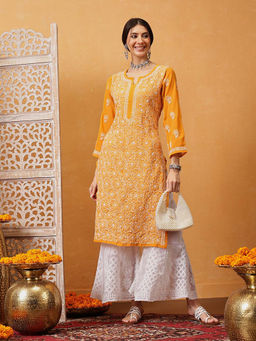 ADA - Ethnic Motifs Hand Embroidered Chikankari Yellow Georgette Kurta with Palazzo (Set of 2)