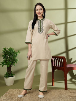Nayam by lakshita - Women Beige Embroidered Cotton Straight Kurta and Pant (Set of 2)