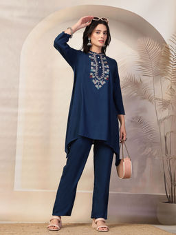 Nayam by lakshita - Women Navy Blue Embroidered A-Line Viscose Kurta and Pant (Set of 2)