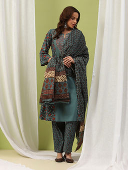 Nayam by lakshita - Green Floral Printed A-Line Cotton Kurta with Pant and Dupatta (Set of 3)
