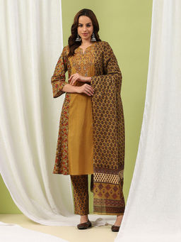 Nayam by lakshita - Mustard Floral Printed A-Line Cotton Kurta with Pant and Dupatta (Set of 3)