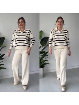 Loveable Creations By Muskan - Women Beige Wool Stripes Co-Ord Set