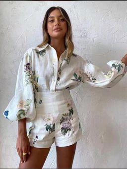 Loveable Creations By Muskan - Women White Cotton Linen Floral Shirt with Shorts