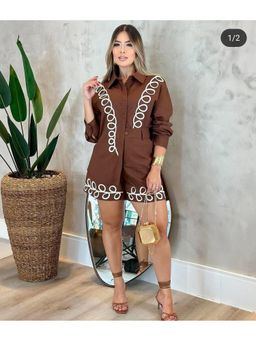 Loveable Creations By Muskan - Women Brown Cotton Embroidered Shirt with Shorts