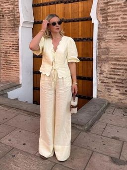 Loveable Creations By Muskan - Women Yellow Linen Solid Co-Ord Set