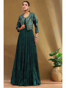 Biba - Emerald Green Silk Festive Tiered Anarkali Dress with Jacket (Set of 2)