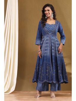 Biba - Blue Printed Top with Jacket and Palazzo (Set of 3)