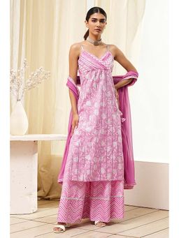 Biba - Women Pink Cotton Straight Kurta with Palazzo and Dupatta (Set of 3)