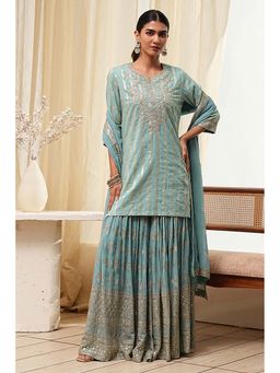 Biba - Women Powder Blue Straight Kurti with Sharara and Dupatta (Set of 3)