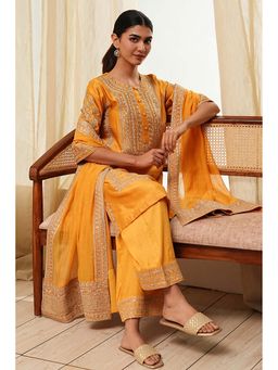 Biba - Women Yellow Cotton Straight Kurta with Palazzo and Dupatta (Set of 3)