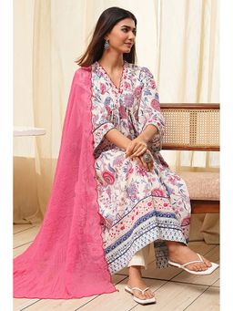 Biba - Women Multi-Color Cotton Anarkali Kurta with Palazzo and Dupatta (Set of 3)