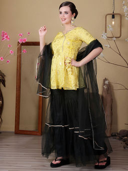 Ethnovog - Yellow Chinon Embroidered Green Net Kurta with Gharara & Dupatta (Set of 3)