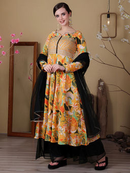Ethnovog - Green N Yellow Art Silk Embroidered Anarkali Kurta with Pants & Dupatta (Set of 3)