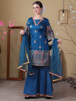 Ethnovog - Blue Art Silk Embroidered Kurta with Gharara & Dupatta (Set of 3)