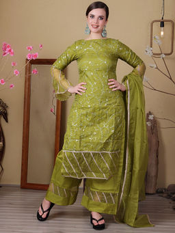 Ethnovog - Green Embroidered Organza Wide Leg Pants with Kurta & Dupatta (Set of 3)