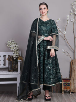 Ethnovog - Bottle Green Net Embroidered Anarkali Kurta with Pants & Dupatta (Set of 3)