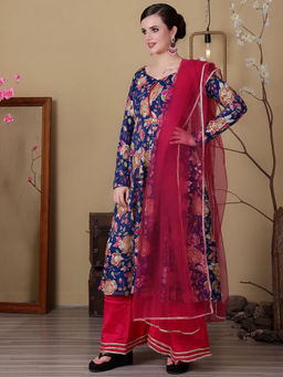 Ethnovog - Blue Viscose Printed N Pink Chinon Kurta with Palazzo & Dupatta (Set of 3)