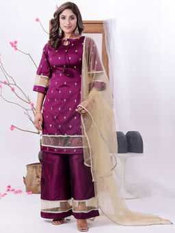 Ethnovog - Wine Art Silk Embroidered Kurta with Palazzo & Dupatta (Set of 3)