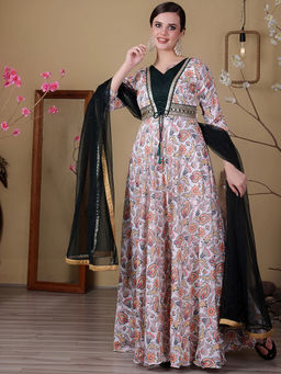 Ethnovog - White N Green Satin Digital Printed Anarkali Kurta with Pants & Dupatta (Set of 3)