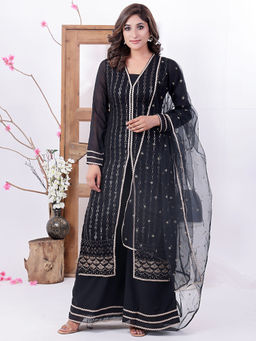 Ethnovog - Black Georgette Embroidered Straight Suit N Palazzo with Dupatta (Set of 3)