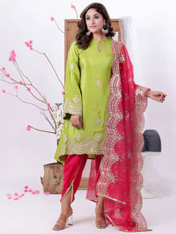 Ethnovog - Green N Pink Crepe Embroidered Kurta with Dhoti Dupatta (Set of 3)