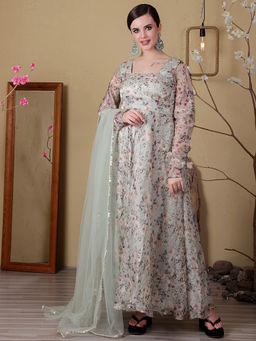 Ethnovog - Sea Green Jimmy Choo Printed Anarkali Kurta with Pants & Dupatta (Set of 3)