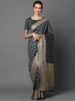 Odette - Grey Festive Silk Blend Woven Design Saree with Unstitched Blouse