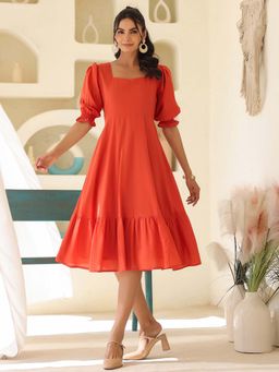 Janasya - Women Orange Solid Midi Dress