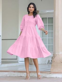 Janasya - Women Pink Solid Midi Dress