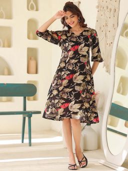 Janasya - Women Black Floral Knee Length Dress