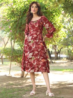 Janasya - Women Maroon Floral Midi Dress