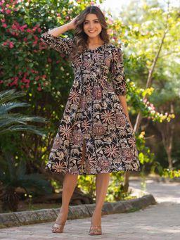 Janasya - Women Black Floral Midi Dress