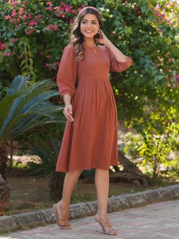 Janasya - Women Rust Solid Midi Dress