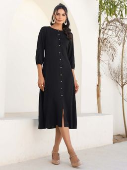 Janasya - Women Black Solid Midi Dress