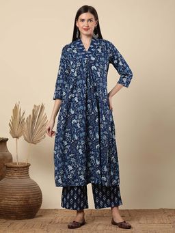 FASHOR - Women Blue Floral Anarkali Kurta with Pant (Set of 2)