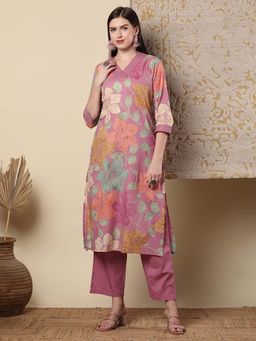FASHOR - Women Purple Floral Kurta with Pant (Set of 2)