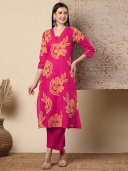 FASHOR - Women Pink Floral Kurta with Pant (Set of 2)