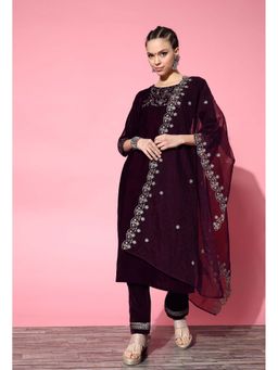 KVS FAB - Women Wine Embroidered Kurta with Pant and Dupatta (Set of 3)