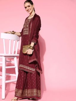 KVS FAB - Women Wine Embroidered Kurta with Sharara and Dupatta (Set of 3)