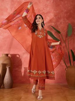 KVS FAB - Women Orange Embroidered Kurta with Pant and Dupatta (Set of 3)