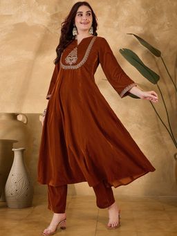 KVS FAB - Women Rust Embroidered Anarkali Kurta with Pant (Set of 2)