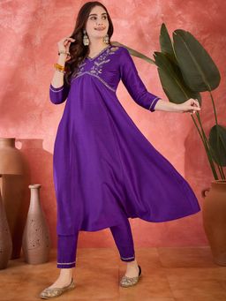 KVS FAB - Women Purple Embroidered Kurta with Pant (Set of 2)