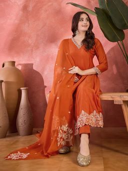 KVS FAB - Women Orange Embroidered Anarkali Kurta with Pant and Dupatta (Set of 3)
