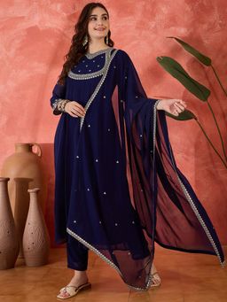 KVS FAB - Women Navy Blue Embroidered Anarkali Kurta with Pant and Dupatta (Set of 3)