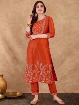 KVS FAB - Women Orange Embroidered Kurta with Pant (Set of 2)