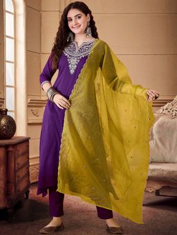 KVS FAB - Women Purple Embroidered Kurta with Pant and Dupatta (Set of 3)