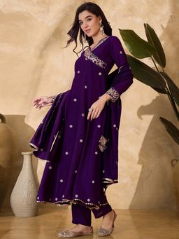 KVS FAB - Women Purple Embroidered Kurta with Pant and Dupatta (Set of 3)