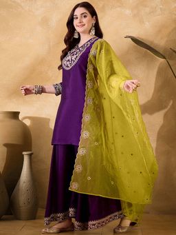 KVS FAB - Women Purple Embroidered Kurta with Palazzo and Dupatta (Set of 3)